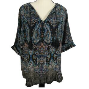 Renee C. Women's Medium Tunic Tassels V-Neck Short Cuffed Sleeves Colorful Art